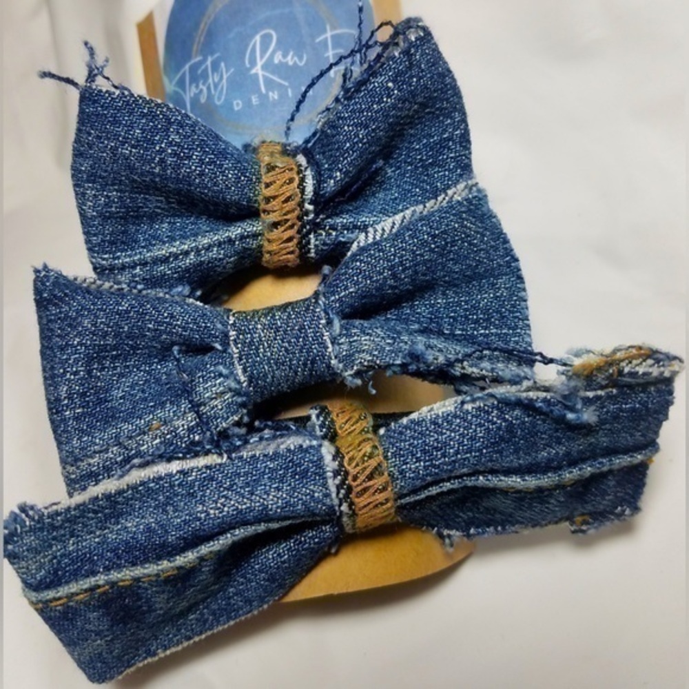 Tasty Raw Edge Denim Tri-Bun Bows